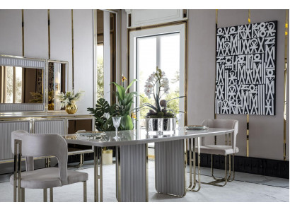 Iesszëmmer Set Beige 2x Stull Luxus Iessdësch Wäiss Eleganten Metall 3tlg.
