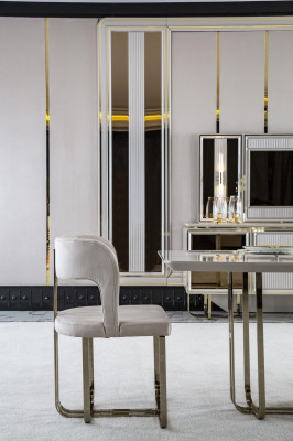 Iesszëmmer Set Beige 2x Stull Luxus Iessdësch Wäiss Eleganten Metall 3tlg.