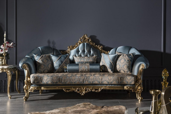 Sofa 3 Sëtzer Blo Polstersofa Wunnzëmmer Elegant Design Klassesch Luxus Nei