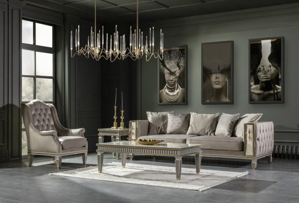 Wunnzëmmer Set Gri, Sofa Garnitur Modern Couchtisch Sëtz Beistelltisch 4tlg.