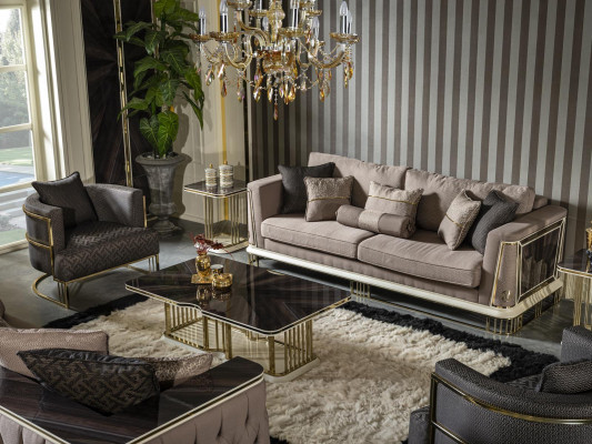 Wunnzëmmer Set Braun Sofagarnitur Fauteuil Bäistelltësch Couchdësch Nei 5 Deeler.