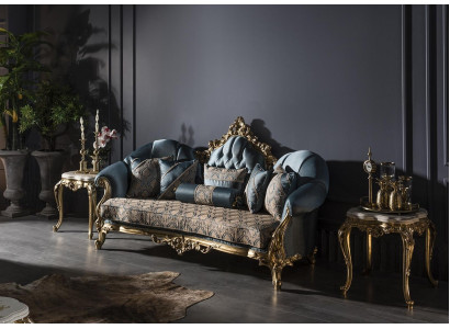 Wunnzëmmer Set Blo Sofa 3 Sëtzer Elegant 2x Säitentësch Design Neit 3 Stéck.
