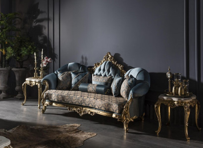 Wunnzëmmer Set Blo Sofa 3 Sëtzer Elegant 2x Säitentësch Design Neit 3 Stéck.