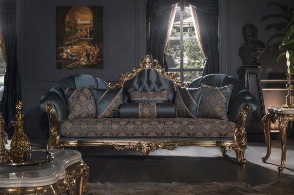 Wunnzëmmer Set Blo Sofa 3 Sëtzer Elegant 2x Säitentësch Design Neit 3 Stéck.