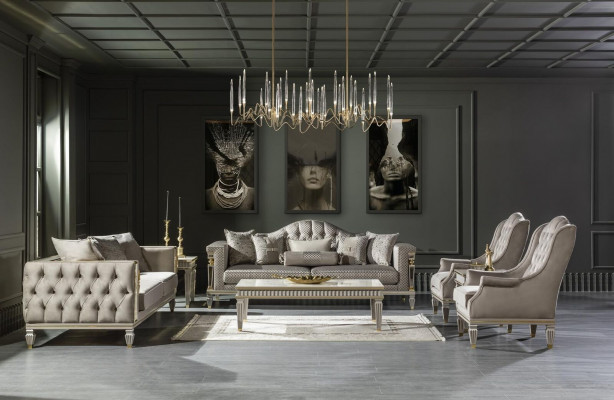 Wunnzëmmer Gro Sofagarnitur 2x Bäistelltëschel Luxus Sëtz Couchtëschel 7 Deeler