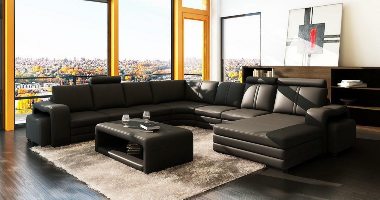 Designer Wunnlandschaft U-Form Schemel Dësch Canapé Ecksofa Polster