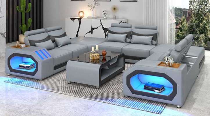 Design Wunnlandschaft Grousst Sofa XXL U Form Ecksofa Ledersofa Rout LED