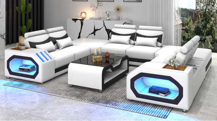 Design Wunnlandschaft Grousst Sofa XXL U Form Ecksofa Ledersofa Rout LED