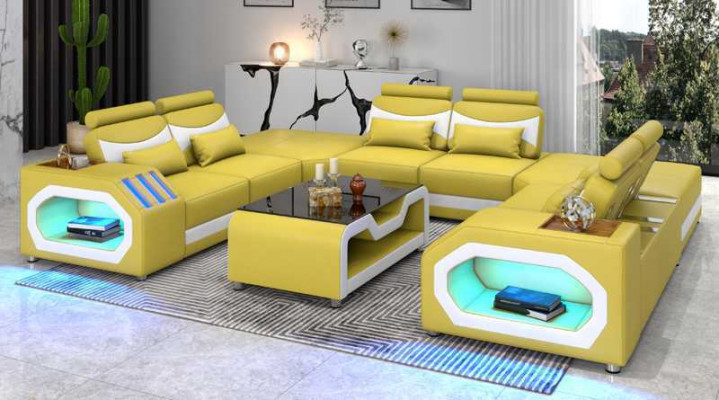 Design Wunnlandschaft Grousst Sofa XXL U Form Ecksofa Ledersofa Rout LED