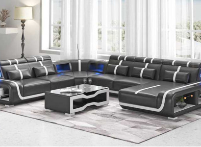 Wunnlandschaft XXL Sofa U Form Grouss Eckssofa Ledersofa Schwaarz Sofas