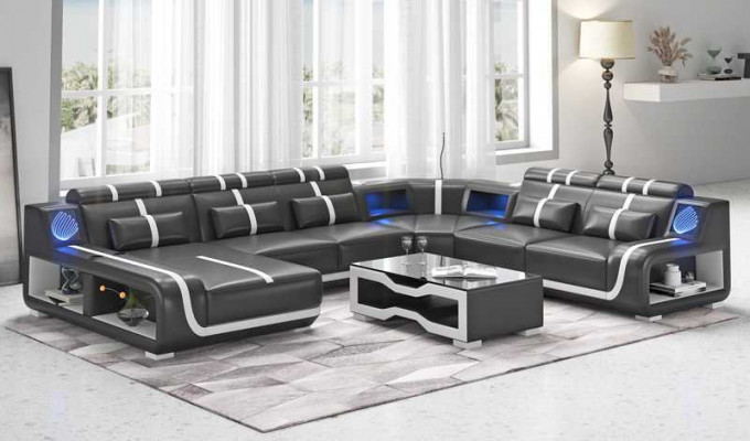 Wunnlandschaft XXL Sofa U Form Grouss Eckssofa Ledersofa Schwaarz Sofas