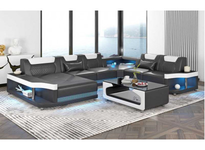 Grousst Sofa Wunnlandschaft LED XXL U Form Ecksofa Ledersofa Schwaarz