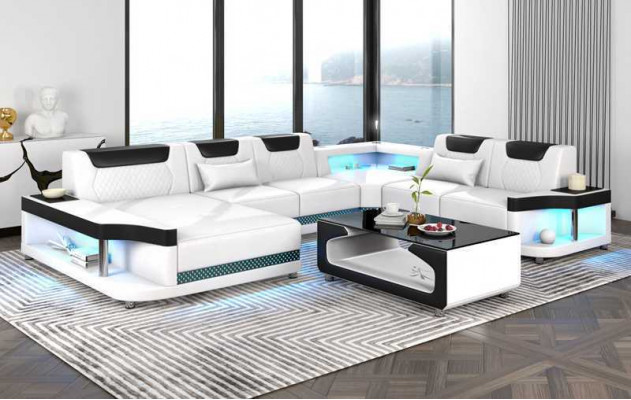Grousst Sofa Wunnlandschaft LED XXL U Form Ecksofa Ledersofa Schwaarz