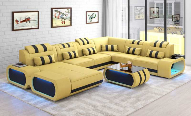 Modern XXL Sofa U-Form Grousst Ecksofa Liederzofa Schwaarz Kënschtlech Lieder
