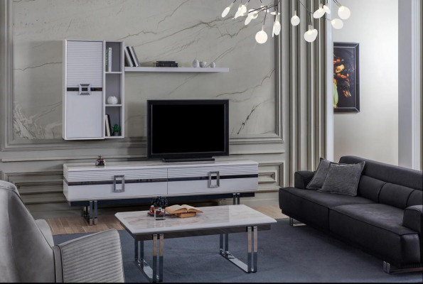 Modern Wohnwand Wohnzimmer Besteet aus 4 Deeler an Exklusiv Wäiss Wohnwänn.