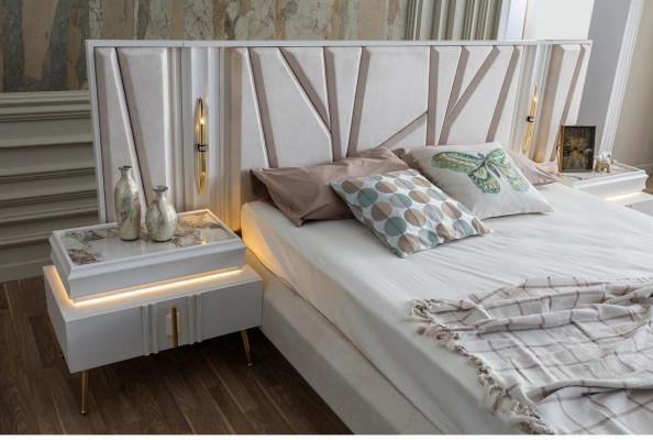Schlofzëmmer Set Luxus Komplett Bett + 2x Nuetsdëscher 3tlg. Modern Set