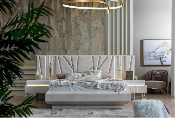Schlofzëmmer Set Luxus Komplett Bett + 2x Nuetsdëscher 3tlg. Modern Set