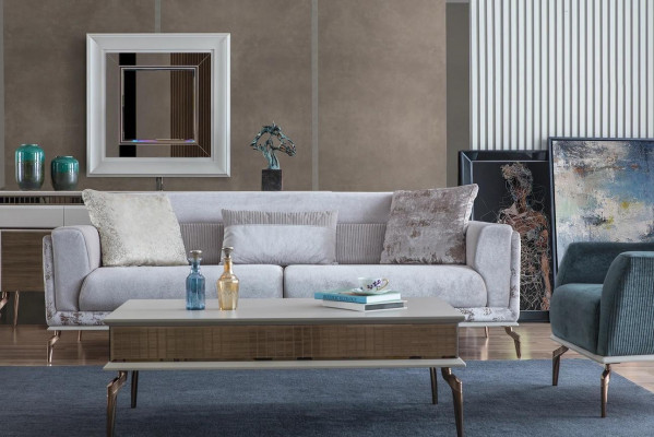 Wunnzëmmer Set Garnitur Grupp Ariichtung Sofa Canapéen Canapé Dësch 3tlg