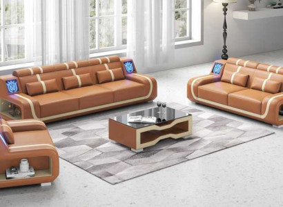 Wunnzëmmer Komplette Ledercouchs Couchgarnitur Sofagarnitur Braun 3tlg