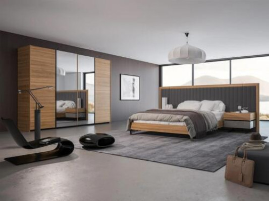 Schlofzëmmer Set 3 Deeler Duebel Bett Modern 2x Nuechtstiesch Holz Design Komplett