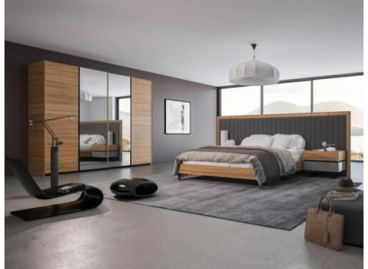 Schlofzëmmer Set 3 Deeler Duebel Bett Modern 2x Nuechtstiesch Holz Design Komplett