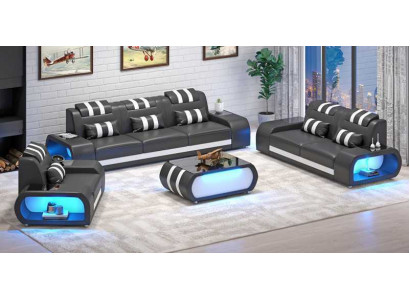 Couchgarnitur Zwëschesëtzer Ledersofas Sëtz Dreisëtzer 3tlg Schwaarz Set