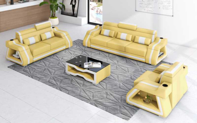 Ledersofaen Komplett Couch-Garnitur Sofagarnitur Sofa 3 Deeler Sofaen Giel