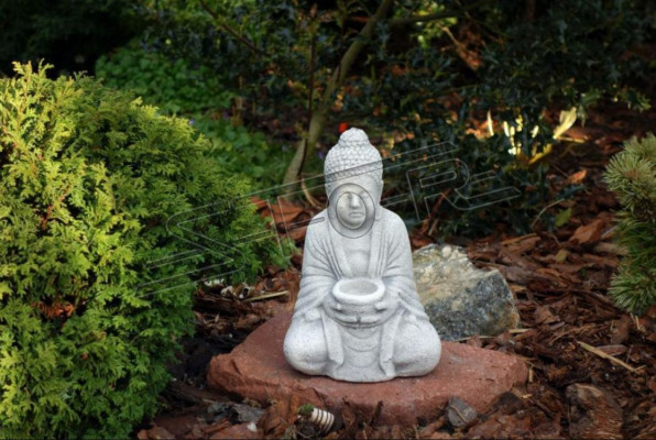 Buddha Skulptur an Steenoptik Grouss Skulptur fir de Gaart