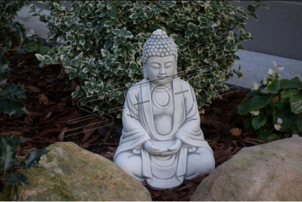 Buddha Skulptur an Steenoptik. Grouss Skulptur fir Gaart Figur Dekoratioun.