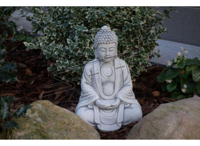 Buddha Skulptur an Steenoptik. Grouss Skulptur fir Gaart Figur Dekoratioun.