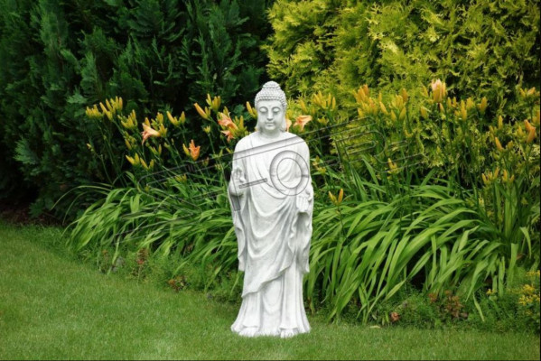 Dekorativ Buddha Skulptur an Steenoptik. Grouss Figur Skulptur fir de Gaart.