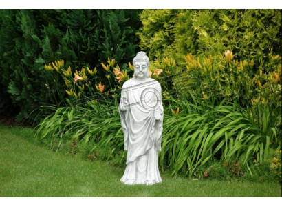 Dekorativ Buddha Skulptur an Steenoptik. Grouss Figur Skulptur fir de Gaart.