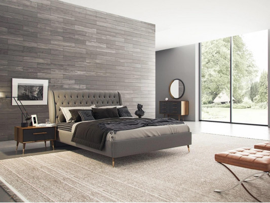 Design-Schlofkummer komplett 5-Stéck Bett 2x Nuetsdëscher Kommode mat Spigel
