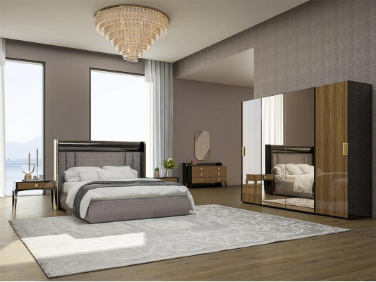 Luxusset 6-tlg duebelt Bett Schlofzëmmer Kommode mat Spigel 2x Nuetsdëscher