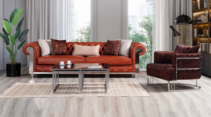 Chesterfield Canapé-Set aus Kënschtleeder Drësëtzeger Brong Canapés-Set Couchen
