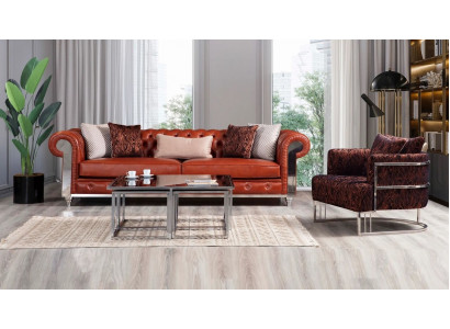 Chesterfield Canapé-Set aus Kënschtleeder Drësëtzeger Brong Canapés-Set Couchen