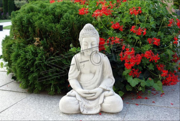 Buddha Figur Skulptur an Steendesign. Grouss dekorativ Skulptur fir de Gaart.