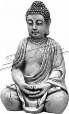 Buddha Skulptur a Steenoptik. Grouss Skulptur fir dekorativen Gaart.