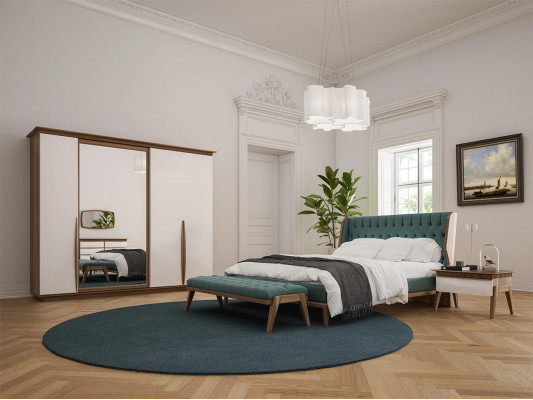 Komplett Schlofkummer Bett 2x Nuetsdëscher Modern Kleederschaf Bänk Nei