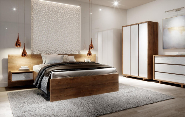 Komplett Schlofzëmmer Set Bett Nuetsdësch Kleederschaf Kommod Design 5 Stéck.