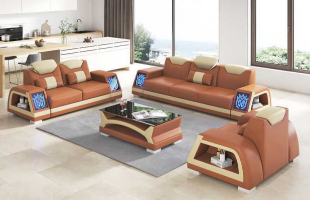 Komplett Couch Garnitur Sofagarnitur Ledersofa Sofa 3-Stéck Sofas Braun