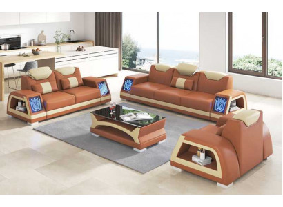Komplett Couch Garnitur Sofagarnitur Ledersofa Sofa 3-Stéck Sofas Braun