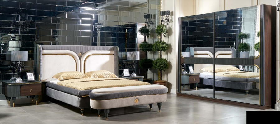Garnitur Schlofkummer Bett Nuetsdësch Kleederschaf Hocker Luxus Design 5-Deeler