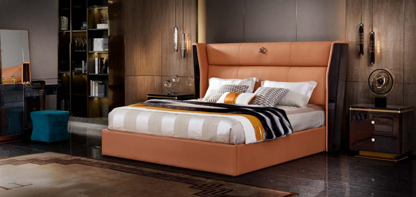 Bett Lieder Orange Schlofzëmmer Kreativ Modern Design Miwwelen Holz Luxus Better