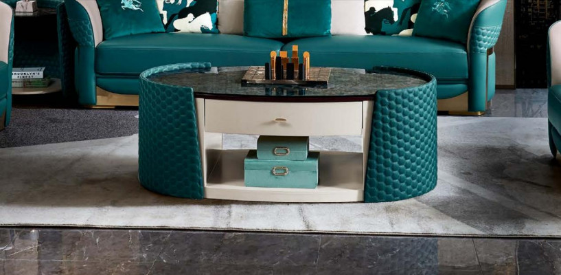 Couchtisch Holz Lieder Türkis Ovallen Modern Design Miwwel Luxus Wunnzëmmer 140x83