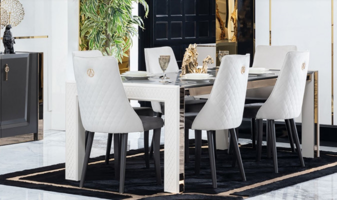 Design Luxus Dëscher Iesszëmmer Italienesch Miwwelen Dësch Lehnstull 6x Still Nei