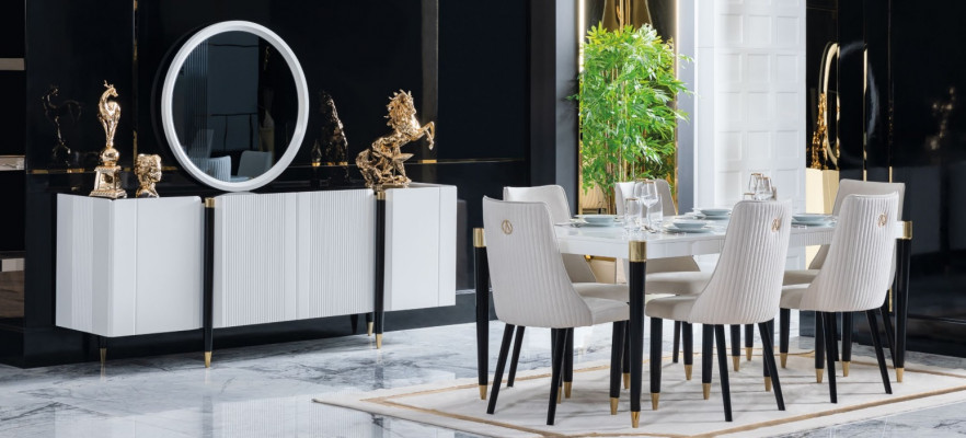 Iessdësch 6 Still Kommode Spigel Komplett Iesszëmmer Garnitur 9 Deeler Nei Set