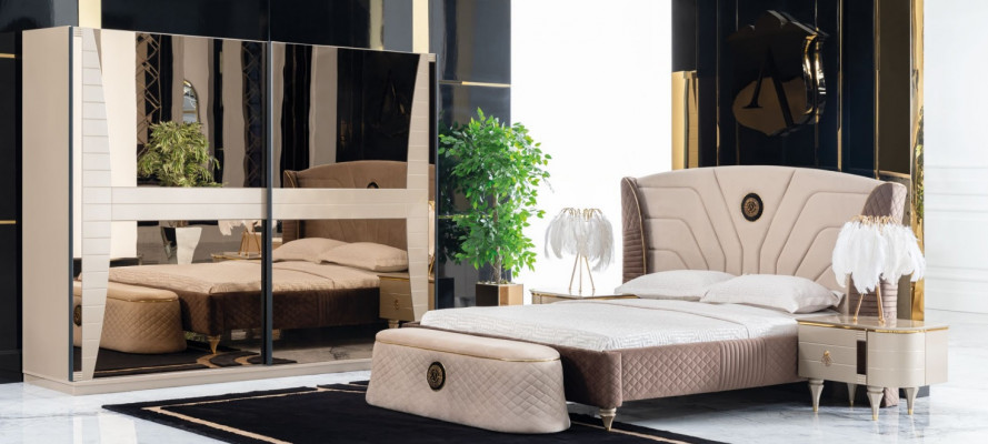 Luxus Set Schlofzëmmer Bett Nuetsdësch Kommode Hocker Grupp Garnitur Nei 5 Stéck.