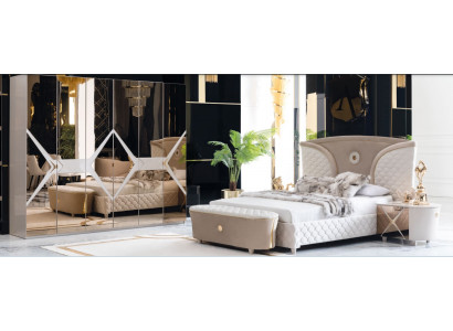 Bett, Nuetsdësch, Kleederschaf, 6-teilagt Schlofzëmmer-Set, Design, Luxus, Hocker, Modern.