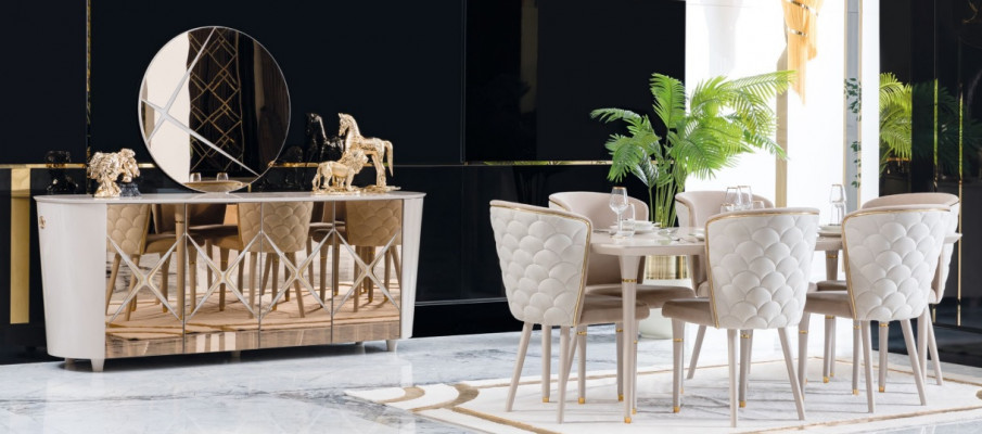 Iesszëmmer Set Grupp Garnitur Dësch nei Iessdësch 6x Still Komoud Spigel 9 Deeler